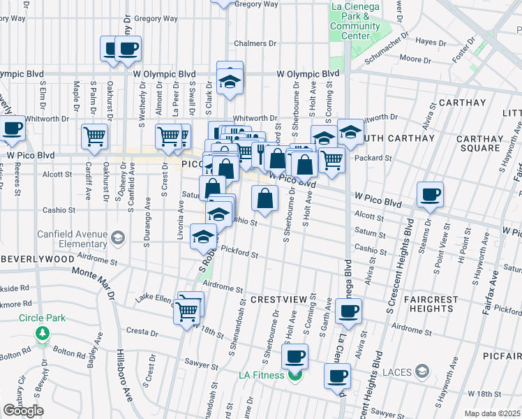map of restaurants, bars, coffee shops, grocery stores, and more near 1462 South Shenandoah Street in Los Angeles