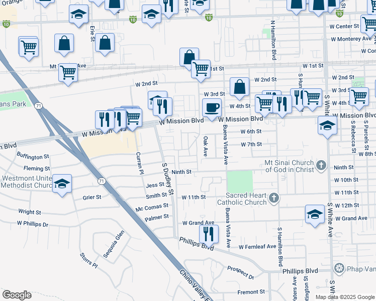 map of restaurants, bars, coffee shops, grocery stores, and more near 1401 West 9th Street in Pomona