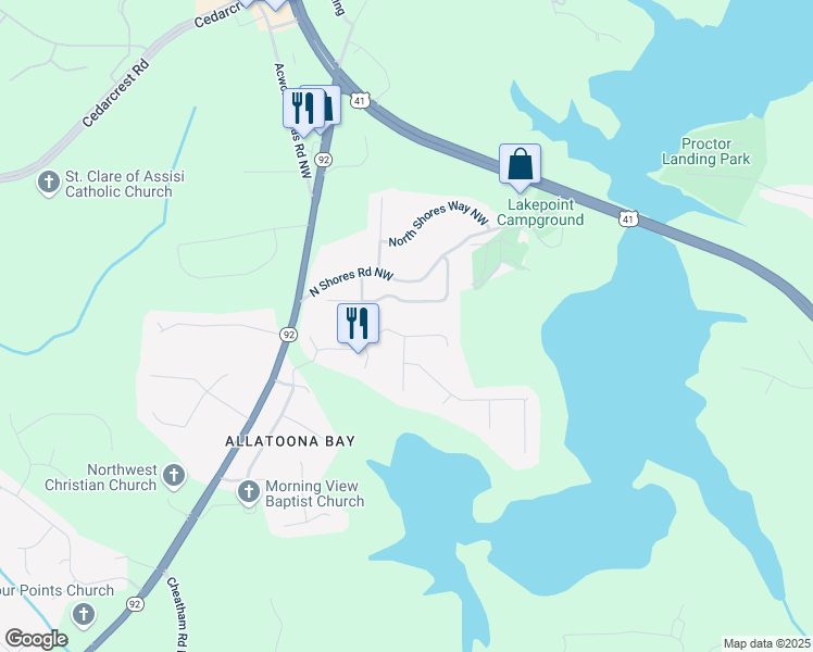 map of restaurants, bars, coffee shops, grocery stores, and more near 5689 Bay Harbor Trail in Acworth