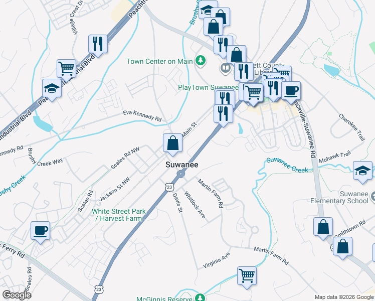 map of restaurants, bars, coffee shops, grocery stores, and more near 523 Mary Lou Street in Suwanee