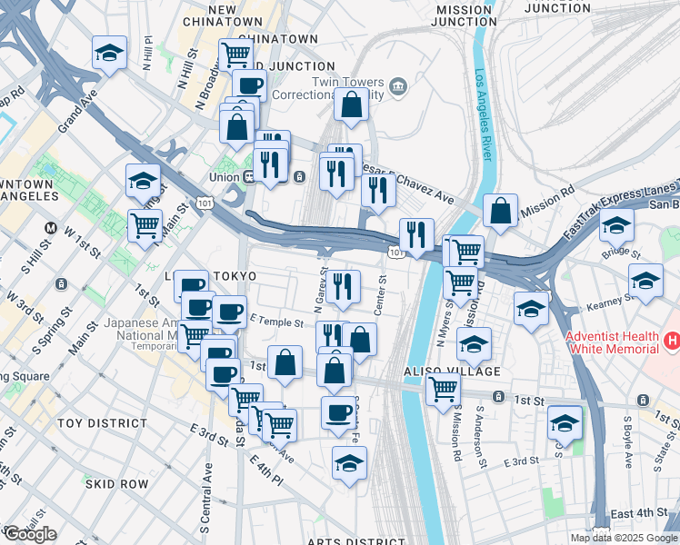 map of restaurants, bars, coffee shops, grocery stores, and more near 621 East Commercial Street in Los Angeles