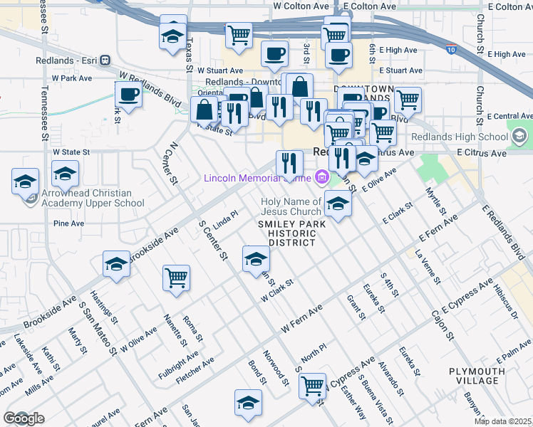 map of restaurants, bars, coffee shops, grocery stores, and more near 102 Parkwood Drive in Redlands