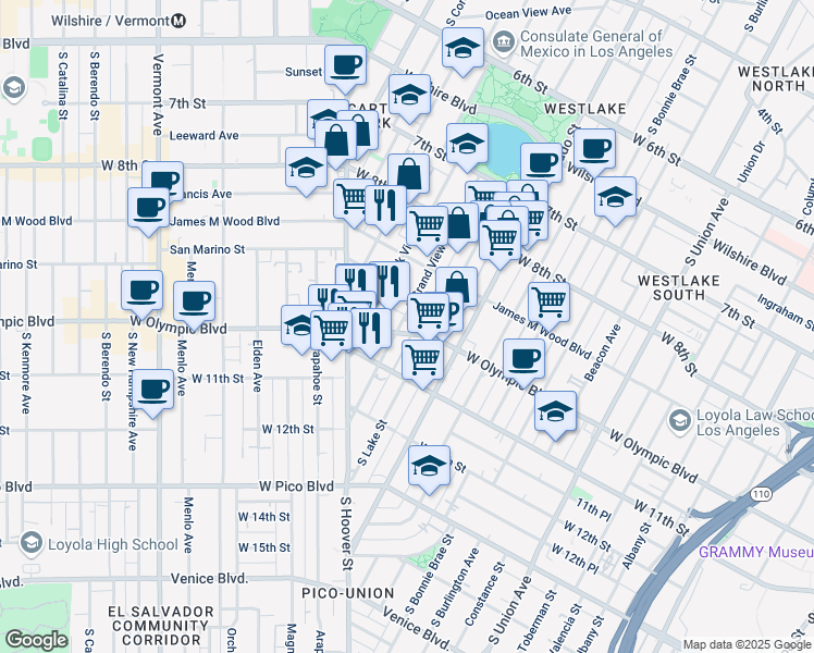 map of restaurants, bars, coffee shops, grocery stores, and more near 2323E West Olympic Boulevard in Los Angeles