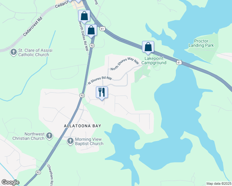 map of restaurants, bars, coffee shops, grocery stores, and more near 5689 Bay Harbor Trail in Acworth