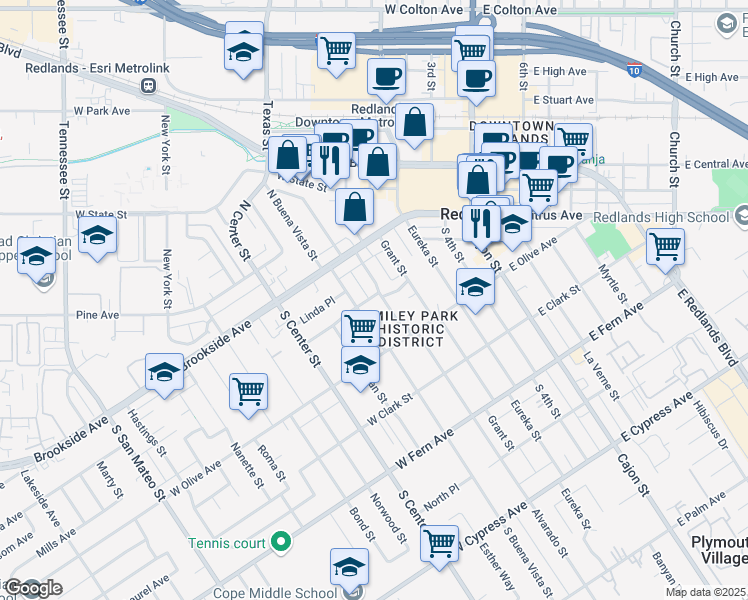 map of restaurants, bars, coffee shops, grocery stores, and more near 19 South Buena Vista Street in Redlands