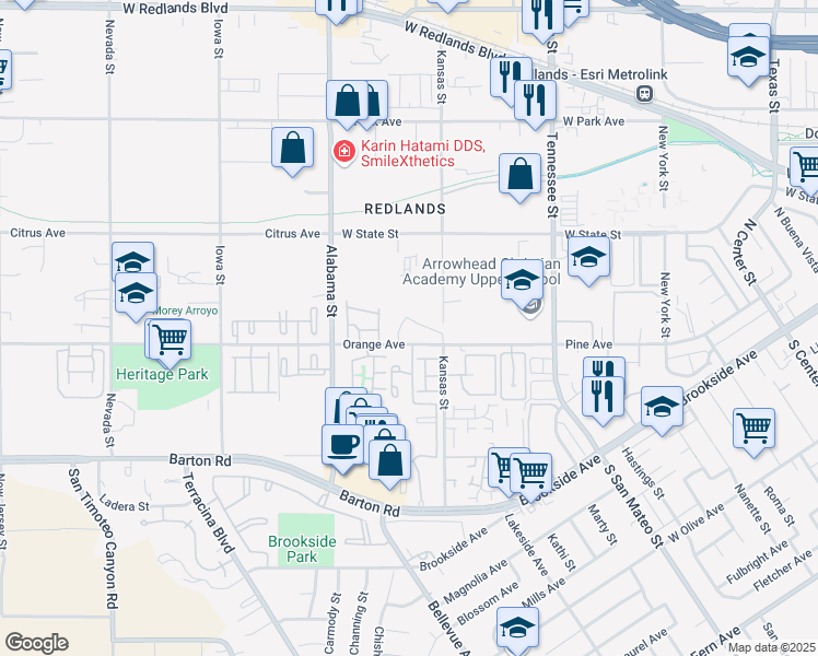 map of restaurants, bars, coffee shops, grocery stores, and more near 1408-1468 Orange Avenue in Redlands
