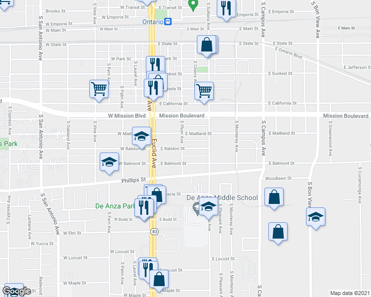 map of restaurants, bars, coffee shops, grocery stores, and more near 305 East Ralston Street in Ontario