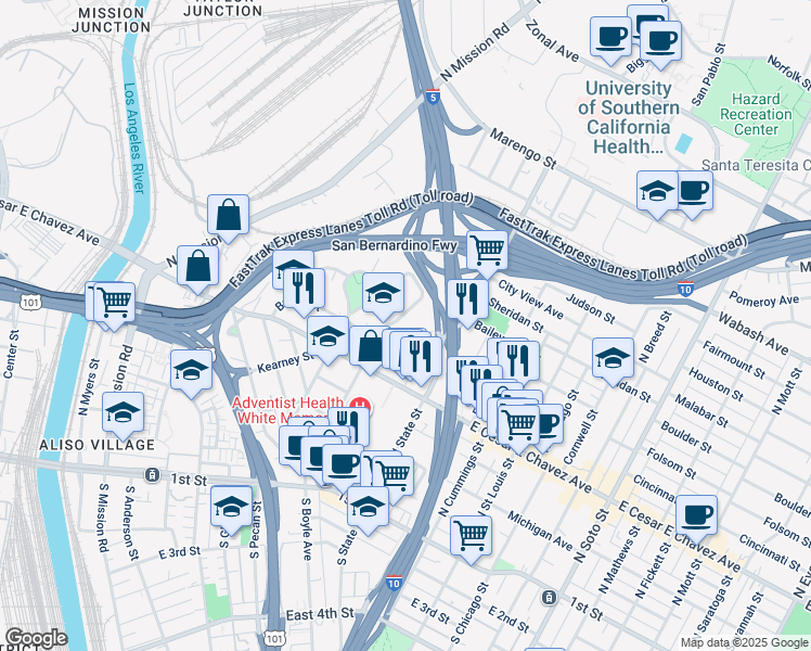 map of restaurants, bars, coffee shops, grocery stores, and more near 639 North Boyle Avenue in Los Angeles