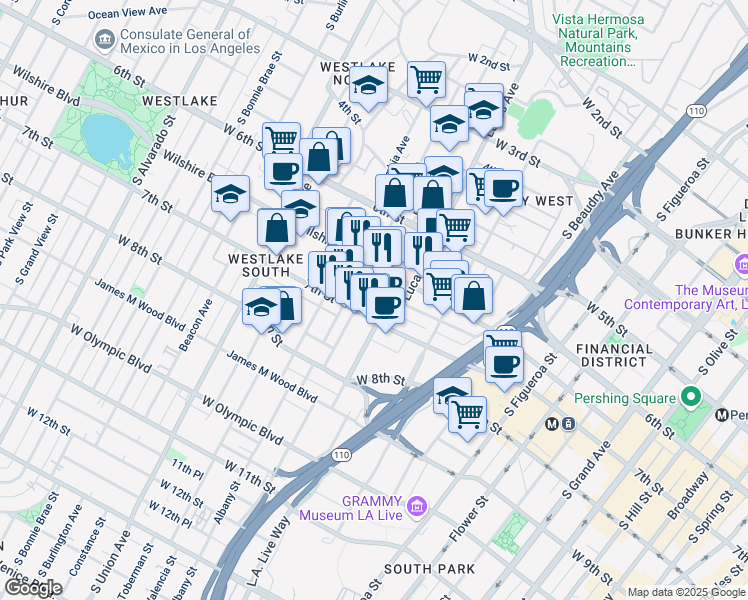 map of restaurants, bars, coffee shops, grocery stores, and more near 1175 Wilshire Boulevard in Los Angeles