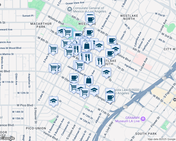 map of restaurants, bars, coffee shops, grocery stores, and more near 817 South Burlington Avenue in Los Angeles