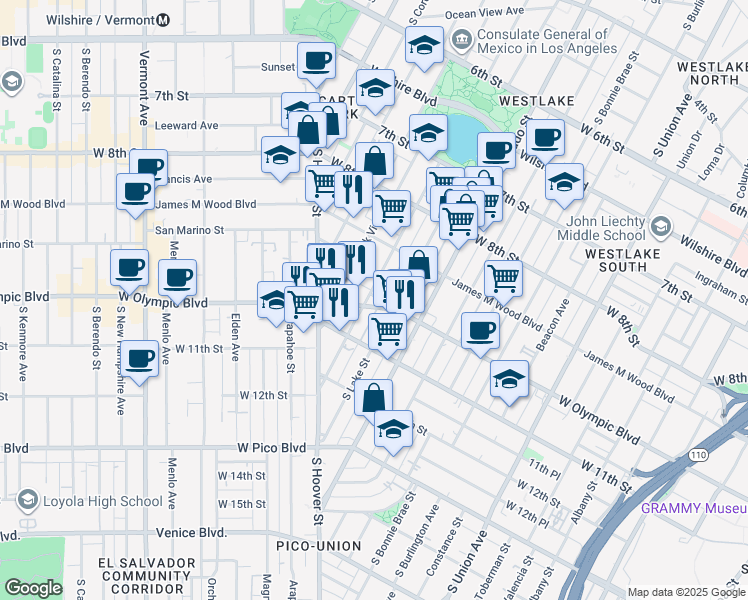 map of restaurants, bars, coffee shops, grocery stores, and more near 2323E West Olympic Boulevard in Los Angeles