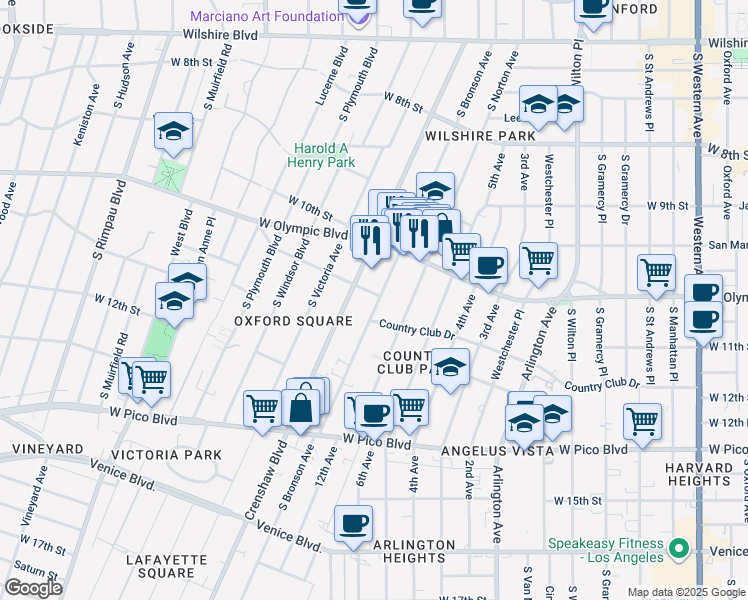 map of restaurants, bars, coffee shops, grocery stores, and more near 1053 South Bronson Avenue in Los Angeles