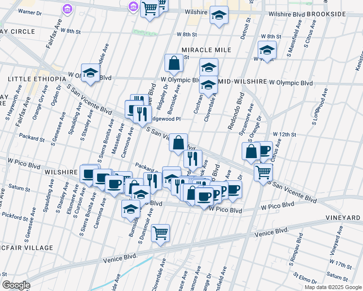 map of restaurants, bars, coffee shops, grocery stores, and more near 5363 South San Vicente Boulevard in Los Angeles