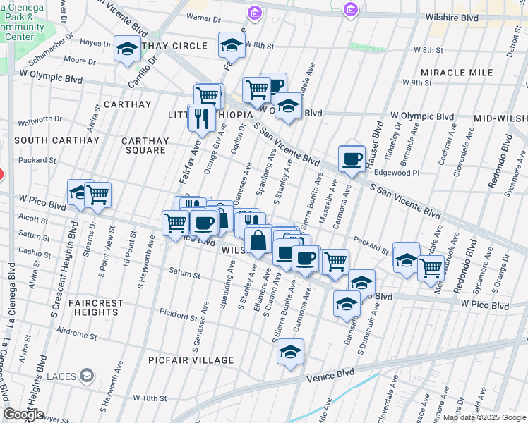 map of restaurants, bars, coffee shops, grocery stores, and more near 1243 South Stanley Avenue in Los Angeles