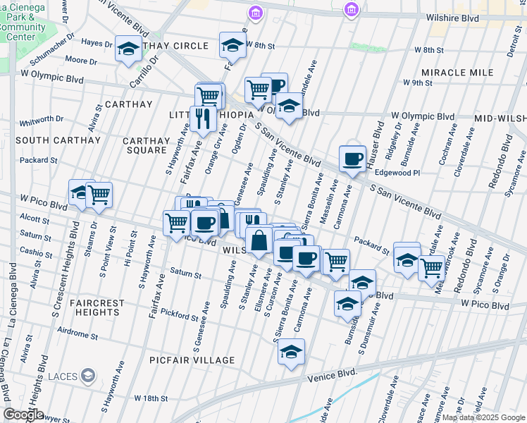 map of restaurants, bars, coffee shops, grocery stores, and more near 1243 South Stanley Avenue in Los Angeles