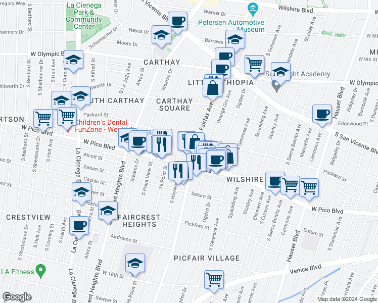 map of restaurants, bars, coffee shops, grocery stores, and more near 1215 South Fairfax Avenue in Los Angeles