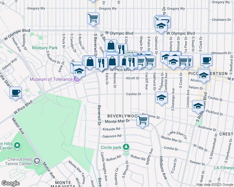 map of restaurants, bars, coffee shops, grocery stores, and more near 1473 Reeves Street in Los Angeles