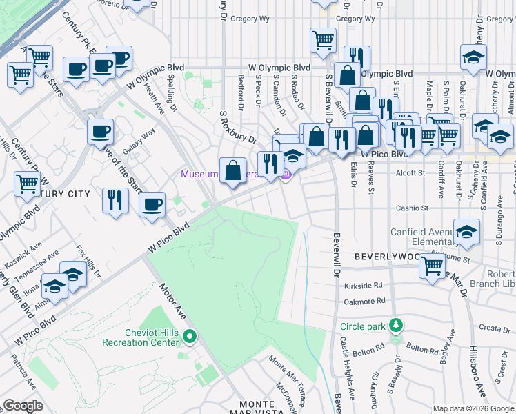 map of restaurants, bars, coffee shops, grocery stores, and more near 1401 West Pico Boulevard in Los Angeles