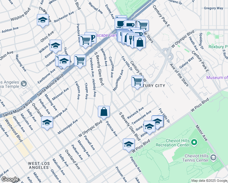 map of restaurants, bars, coffee shops, grocery stores, and more near 10382 Mississippi Avenue in Los Angeles