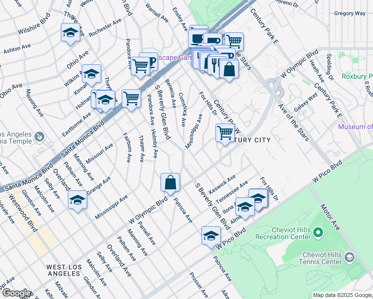 map of restaurants, bars, coffee shops, grocery stores, and more near 10382 Mississippi Avenue in Los Angeles