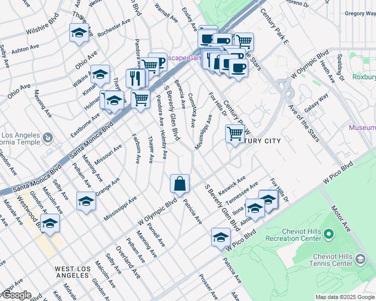 map of restaurants, bars, coffee shops, grocery stores, and more near 2024 South Beverly Glen Boulevard in Los Angeles