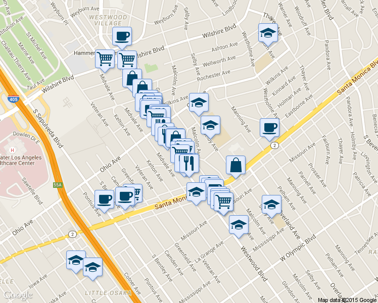 map of restaurants, bars, coffee shops, grocery stores, and more near 10838 Holman Avenue in Los Angeles