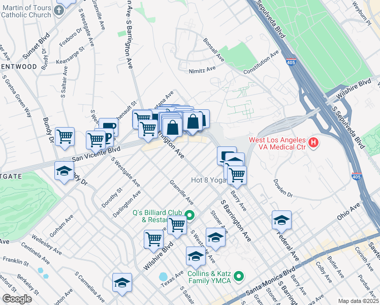 map of restaurants, bars, coffee shops, grocery stores, and more near 11681 Darlington Avenue in Los Angeles