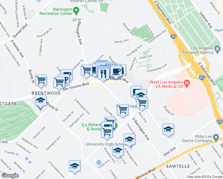 map of restaurants, bars, coffee shops, grocery stores, and more near 11681 Darlington Avenue in Los Angeles