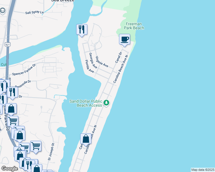map of restaurants, bars, coffee shops, grocery stores, and more near 1418 Canal Drive in Carolina Beach
