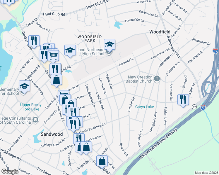 map of restaurants, bars, coffee shops, grocery stores, and more near 1825 Bywood Drive in Columbia