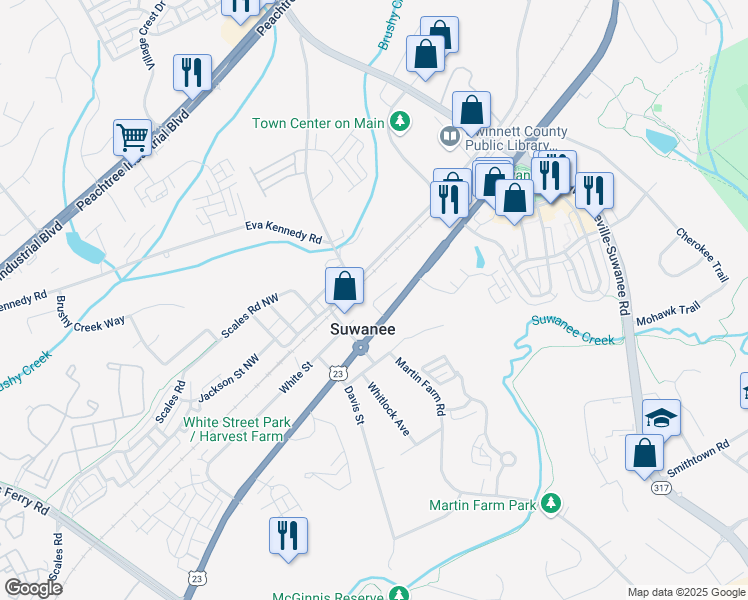 map of restaurants, bars, coffee shops, grocery stores, and more near Mary Lou Street in Suwanee