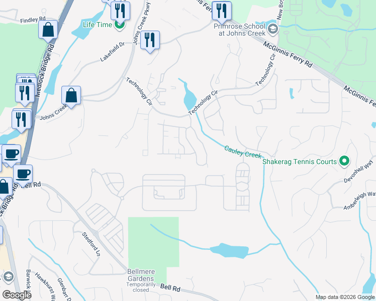 map of restaurants, bars, coffee shops, grocery stores, and more near 11131 Brookhavenclub Drive in Johns Creek