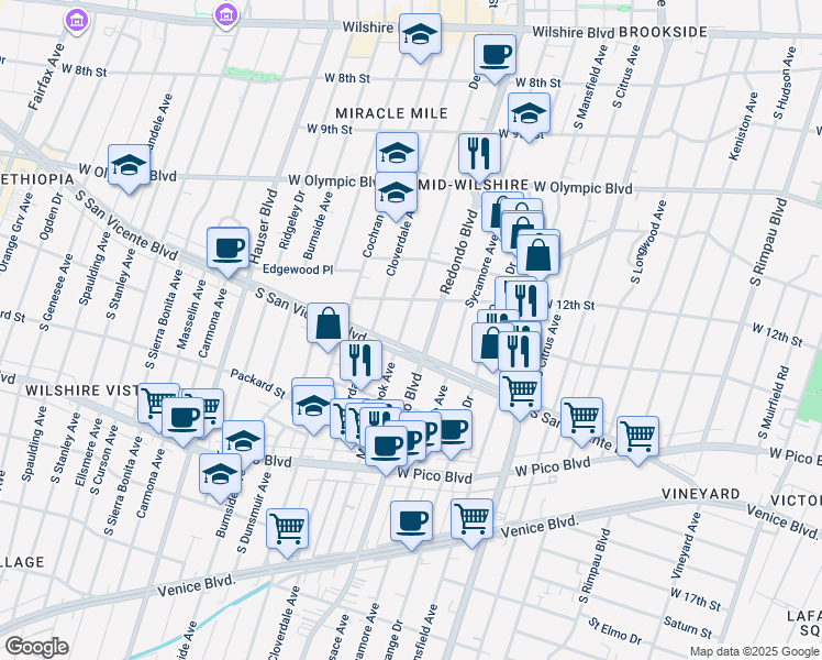 map of restaurants, bars, coffee shops, grocery stores, and more near 1232 Meadowbrook Avenue in Los Angeles