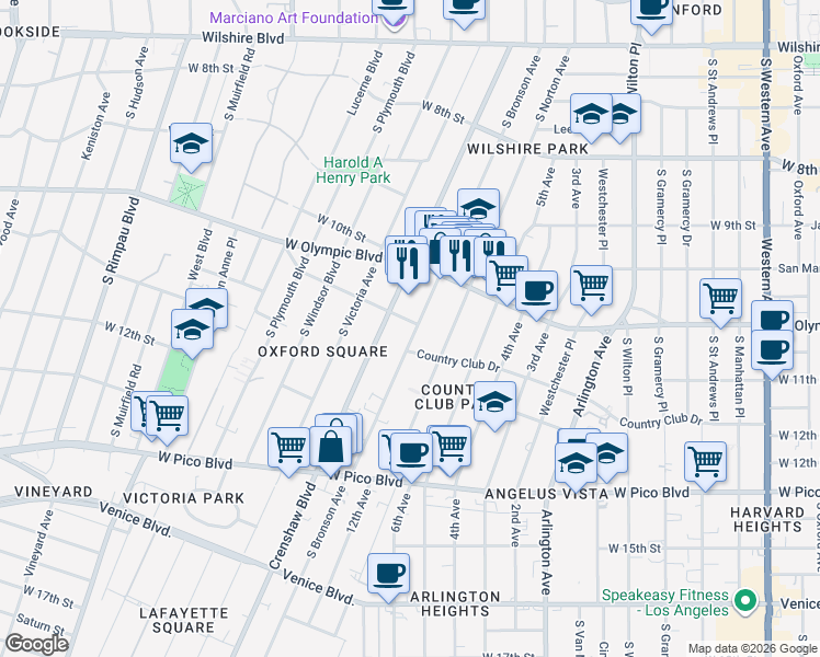 map of restaurants, bars, coffee shops, grocery stores, and more near 1101 South Bronson Avenue in Los Angeles