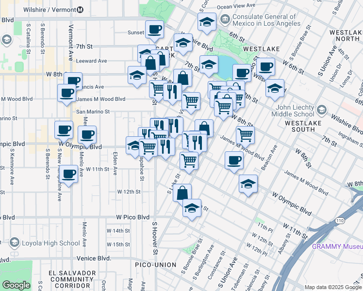 map of restaurants, bars, coffee shops, grocery stores, and more near 1000 South Grand View Street in Los Angeles