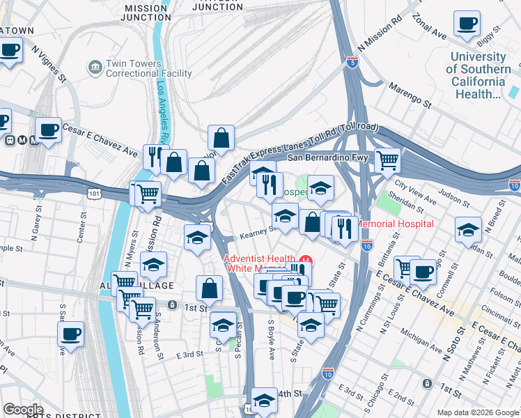 map of restaurants, bars, coffee shops, grocery stores, and more near East Cesar E Chavez Avenue & Warren St in Los Angeles