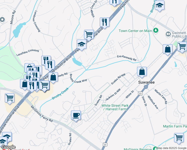 map of restaurants, bars, coffee shops, grocery stores, and more near 3945 Brushy Creek Way in Suwanee