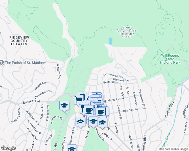 map of restaurants, bars, coffee shops, grocery stores, and more near 15214 Mc Kendree Avenue in Los Angeles
