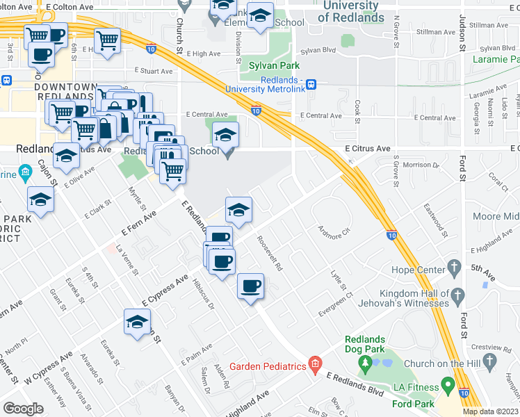 map of restaurants, bars, coffee shops, grocery stores, and more near 518 Lemon Street in Redlands