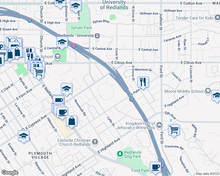 map of restaurants, bars, coffee shops, grocery stores, and more near 1025 Ardmore Circle in Redlands