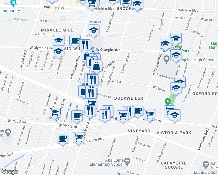 map of restaurants, bars, coffee shops, grocery stores, and more near 1222 South Highland Avenue in Los Angeles