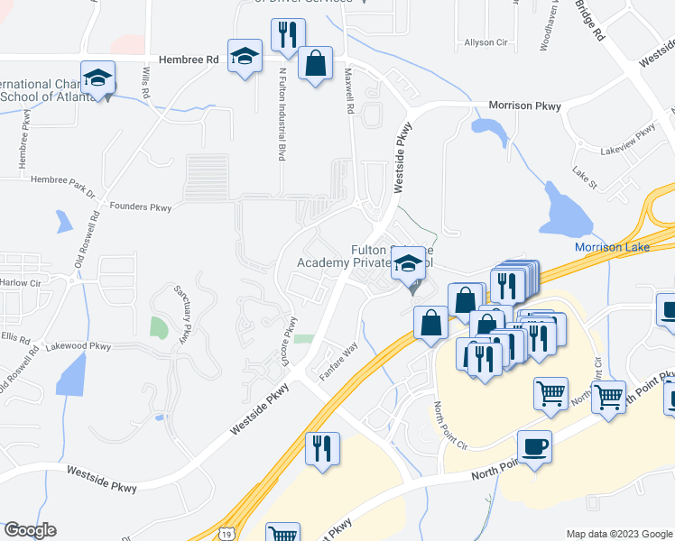 map of restaurants, bars, coffee shops, grocery stores, and more near 215 Britten Pass in Alpharetta