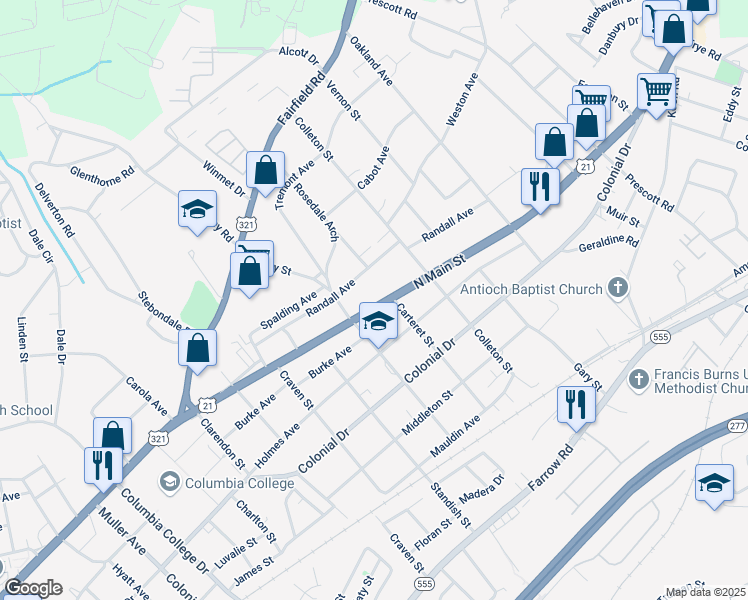 map of restaurants, bars, coffee shops, grocery stores, and more near 5313 North Main Street in Columbia