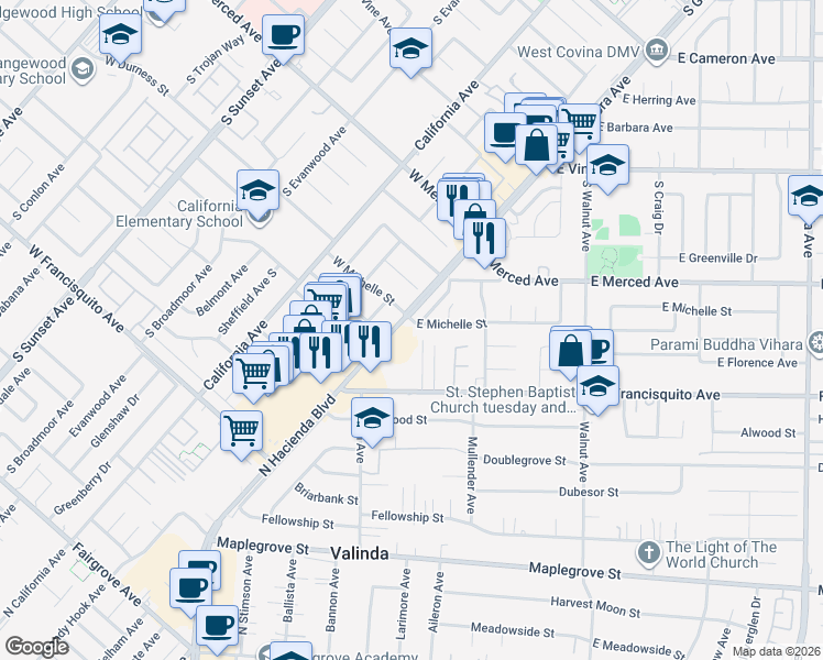 map of restaurants, bars, coffee shops, grocery stores, and more near 338 East Michelle Street in West Covina