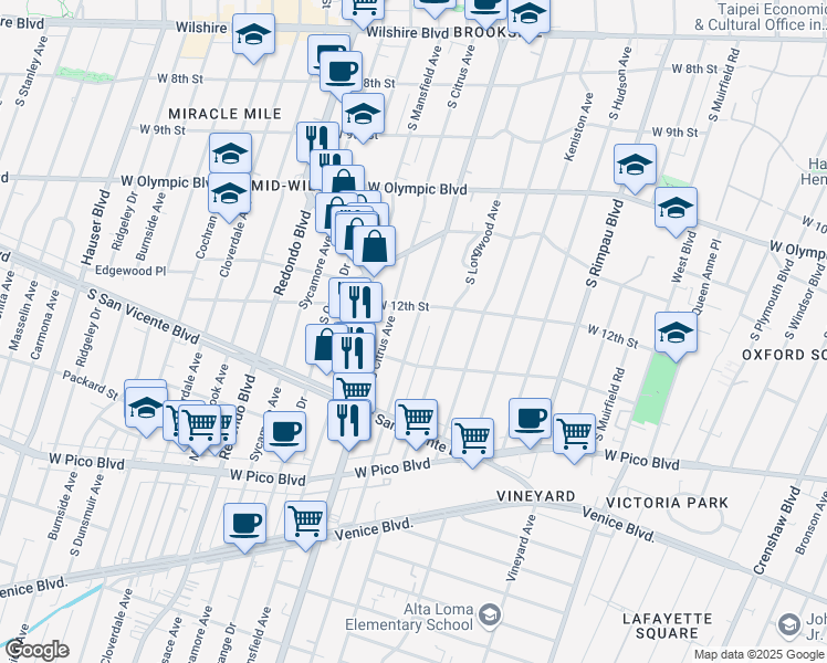 map of restaurants, bars, coffee shops, grocery stores, and more near South Highland Avenue in Los Angeles
