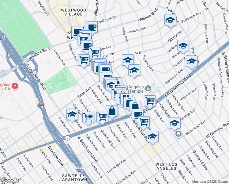 map of restaurants, bars, coffee shops, grocery stores, and more near 10838 Holman Avenue in Los Angeles