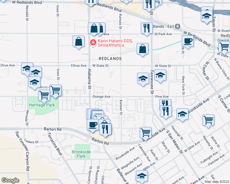 map of restaurants, bars, coffee shops, grocery stores, and more near 1408-1468 Orange Avenue in Redlands