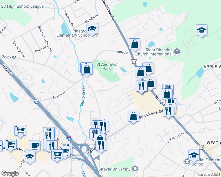 map of restaurants, bars, coffee shops, grocery stores, and more near 3430 Kay Street in Columbia