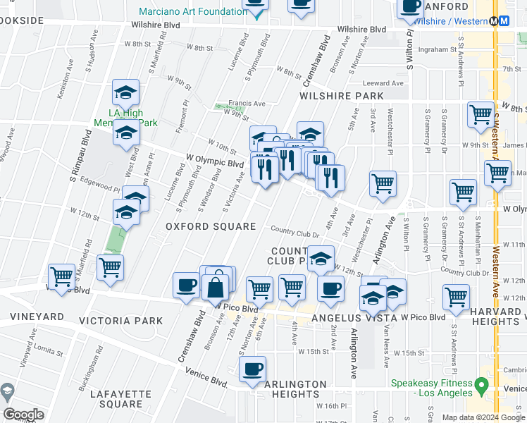 map of restaurants, bars, coffee shops, grocery stores, and more near 1101 South Bronson Avenue in Los Angeles