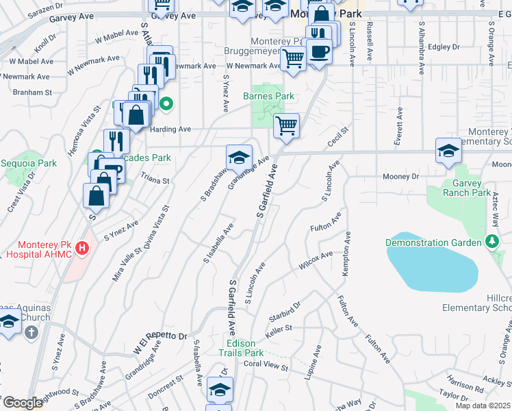 map of restaurants, bars, coffee shops, grocery stores, and more near 701 South Garfield Avenue in Monterey Park